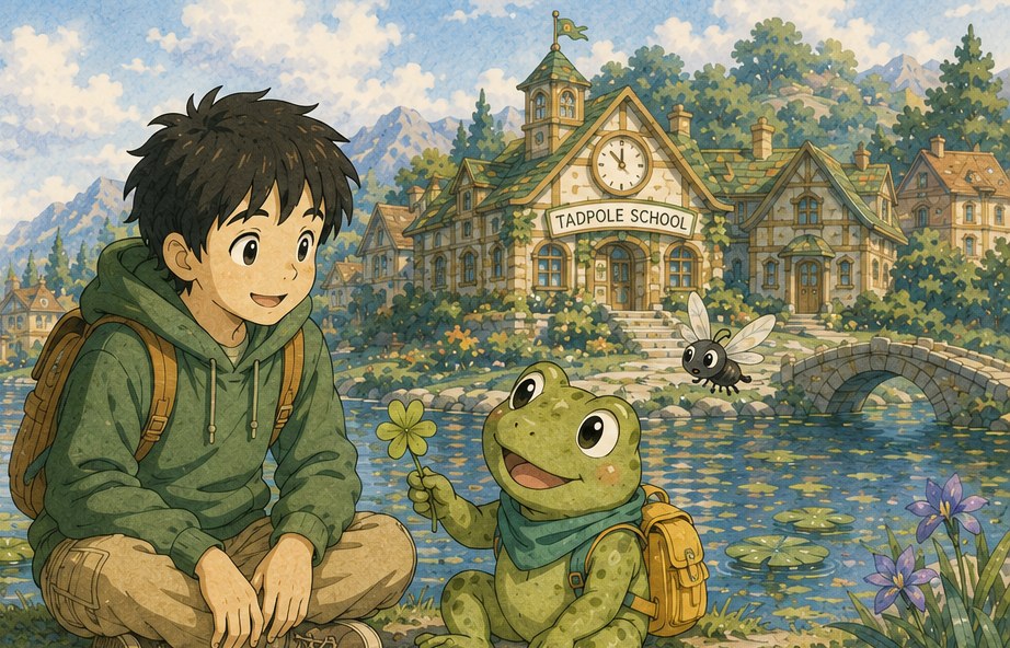 Hiro and Froglet by the pond at Tadpole School